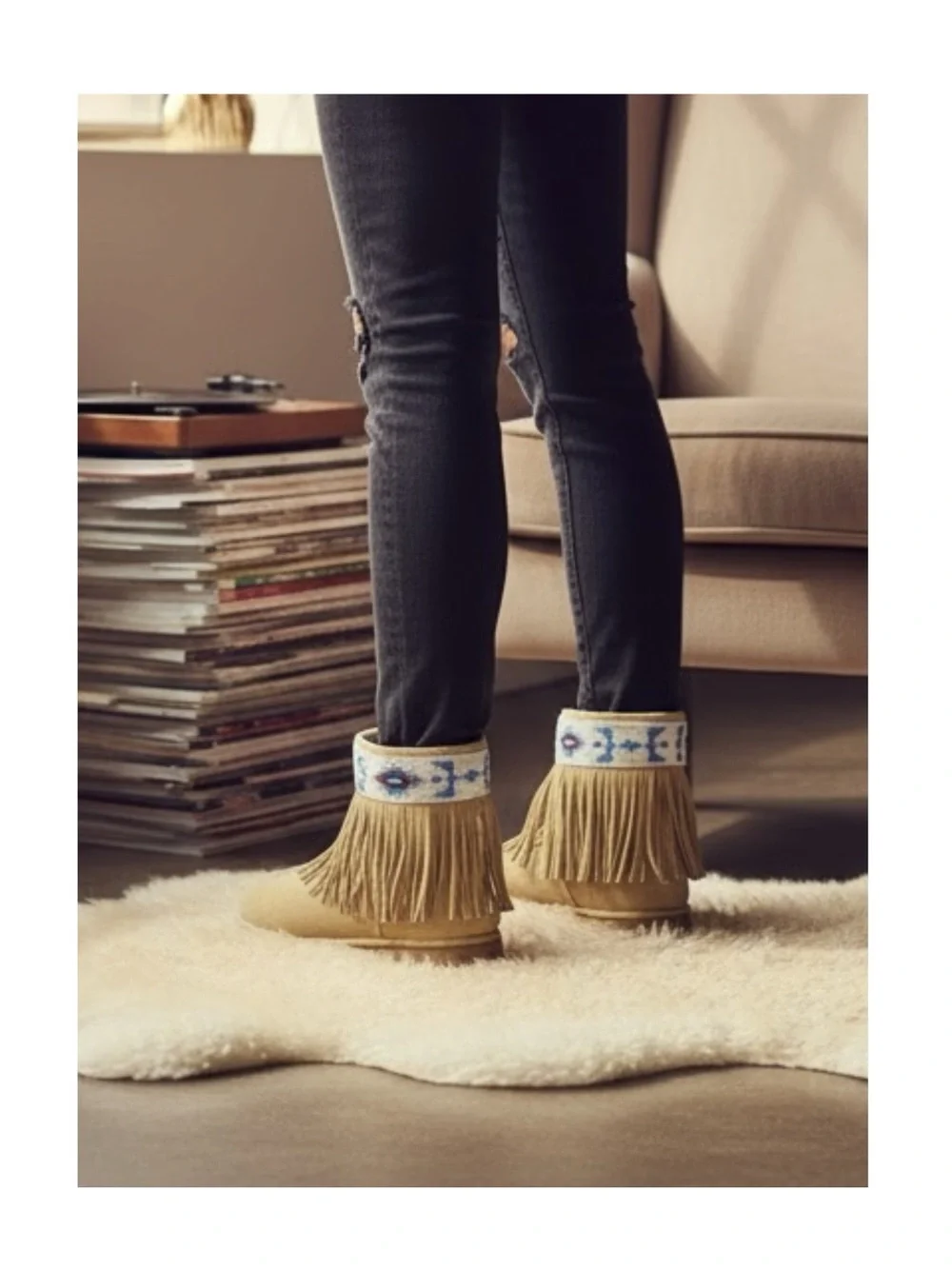 Tylie Malibu ❁ Gypsy Bead Embellished Fringe Shearling Boots ❁ Natural Turquoise